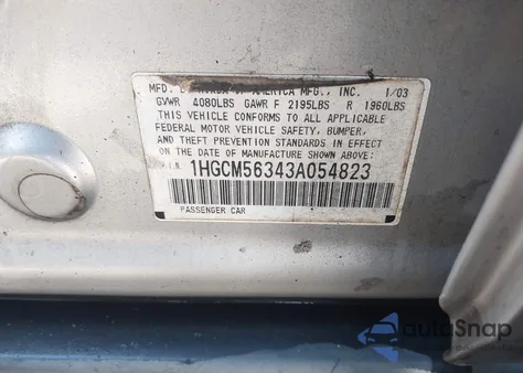 2003 Honda Accord 2.4 Lx from USA, damaged, VIN 1HGCM56343A054823